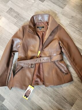 Kenneth Cole Women's Brown Faux Leather Belted Jacket